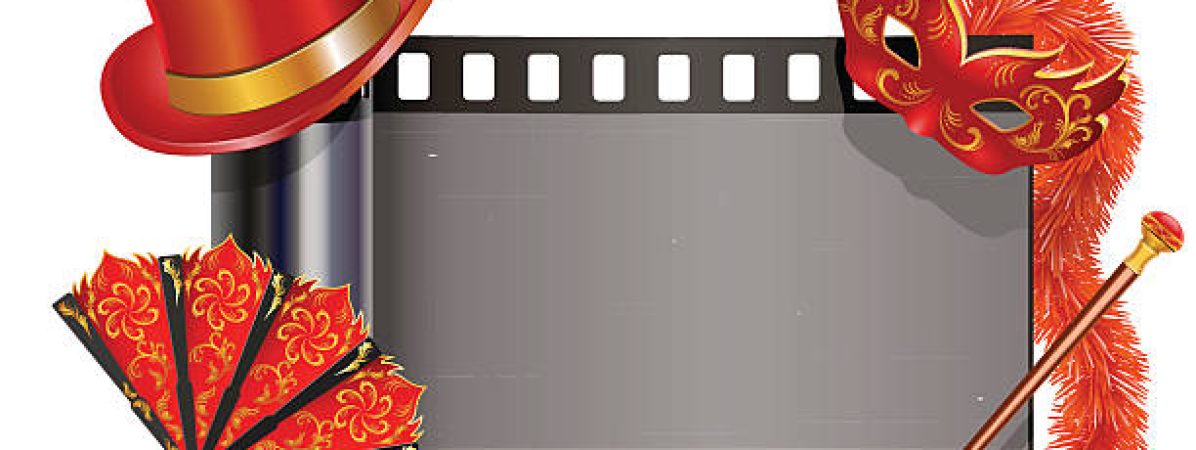 Vector Theater Film with red accessories, including hat, shoe, bow, mask, boa, fan, isolated on white background